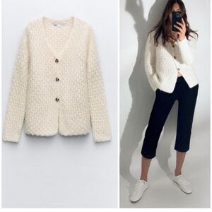 ZARA Structured Wool & Alpaca Blend Knit Cardigan SZ Small Ecru NWT